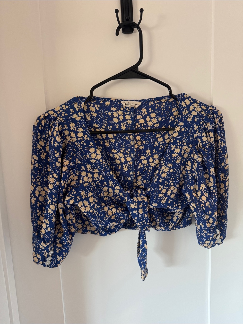 Tie-Front Floral Crop Blouse in Blue